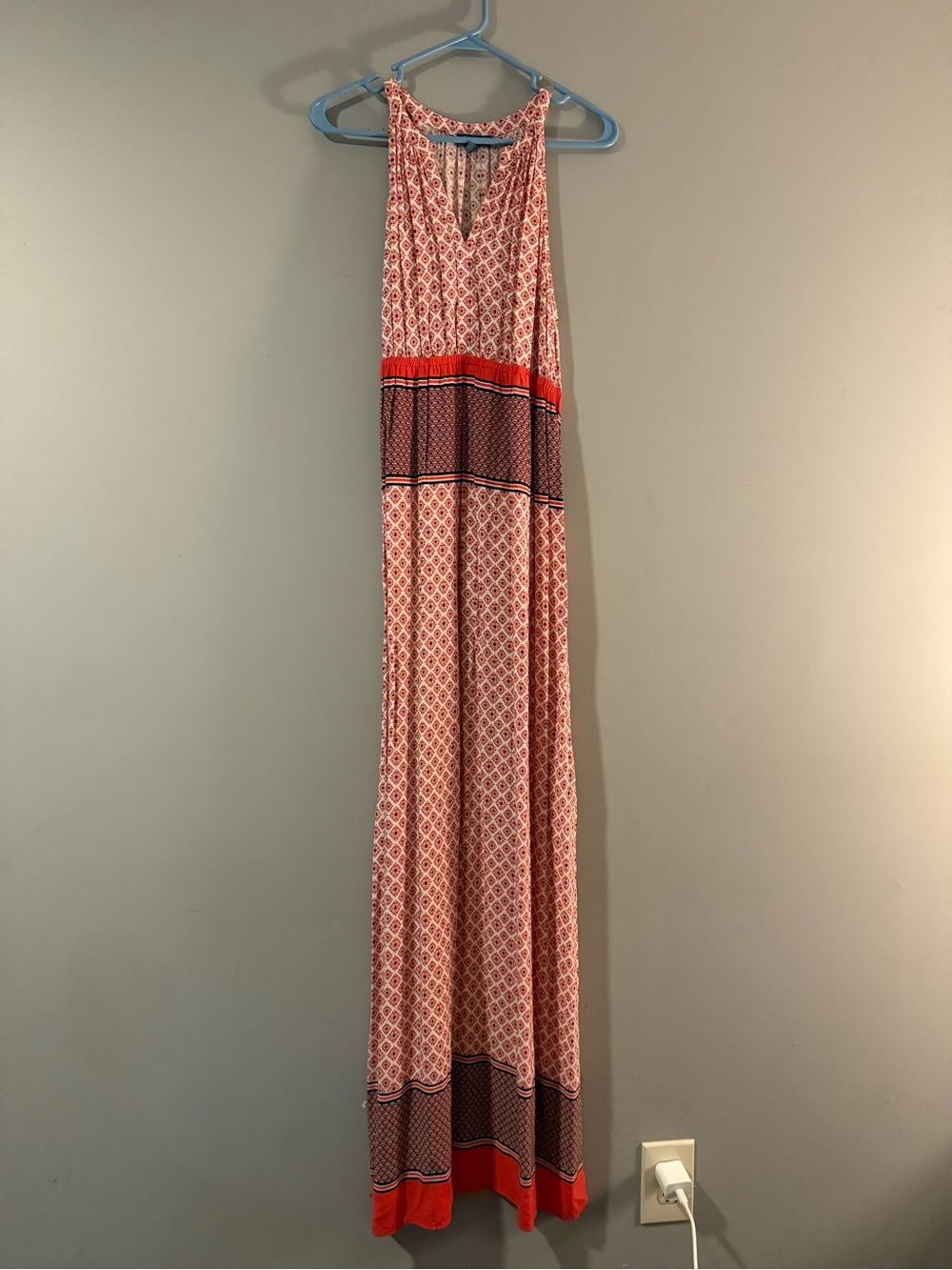 Red Printed Sleeveless Maxi Dress with Waistband Detail